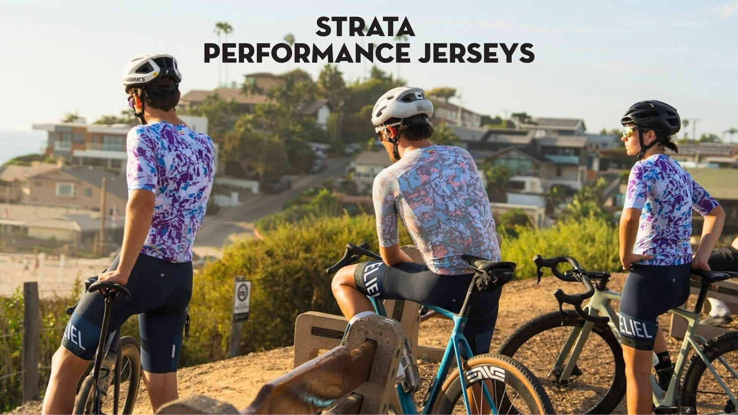 three standing riders in Strata jerseys